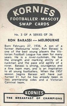1957 Kornies Footballer Mascots #3 Ron Barassi Back